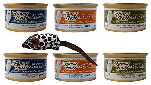 Fancy Feast Gourmet Naturals Cat Food 3 Flavor Variety 6 Can with Toy Bundle 2 Each Tuna Gravy Wild Alaskan Salmon Pate White Meat Chicken Gravy 3 Ounces