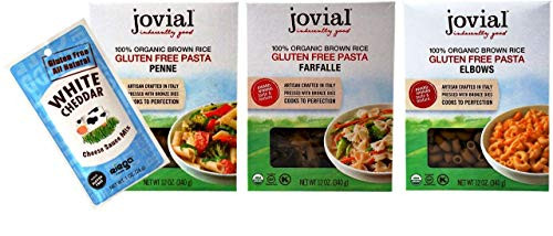 Jovial Organic GlutenFree Brown Rice Pasta 3 Shape Variety Bundle 1 each Farfalle Elbows Penne 12 Ounces Plus Riega White Cheddar Cheese Sauce Mix