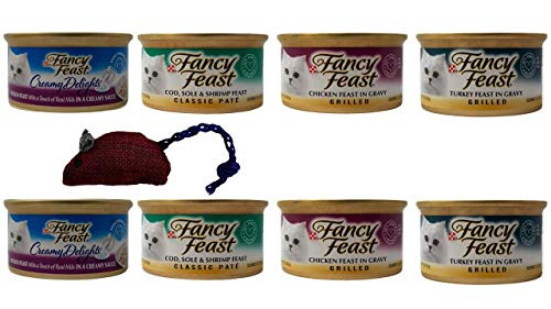 Fancy Feast Adult Cat Food 4 Flavor 8 Can Variety Plus Toy Bundle 2 Each Creamy Delights Chicken Cod Sole Shrimp Pate Grilled Chicken Gravy Grilled Turkey Feast 3 Ounces
