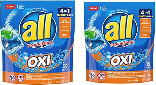 Laundry Liquid Detergent All with Oxi Stainlifters 4 in 1 Mighty Pacs Stain Remover Fabric Fresh Scent Household Item 2 Pouches 39 and 19 count