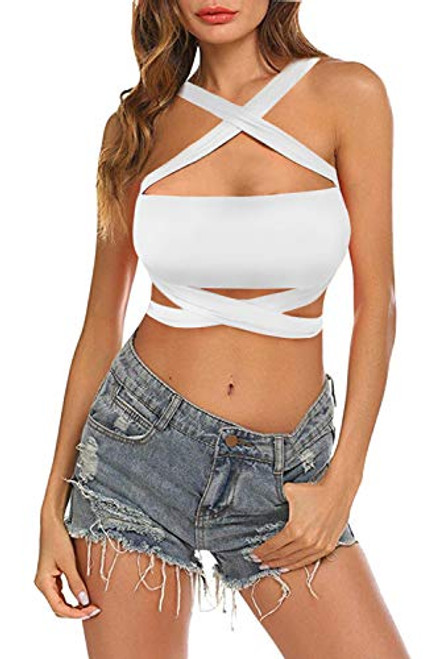 KAKALOT Womens Criss Cross Halter Bandage Crop Tops Cut Out Active Bustier Cami S White KAKALOT Womens Criss Cross Halter Bandage Crop Tops Cut Out Active Bustier Cami S White