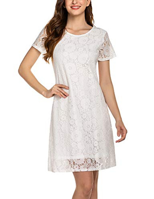 Womens Round Neck Short Sleeve ALine Vintage Floral Lace Dress Formal Cocktail Party Casual Swing Dress Pure White Womens Round Neck Short Sleeve ALine Vintage Floral Lace Dress Formal Cocktail Party Casual Swing Dress Pure White