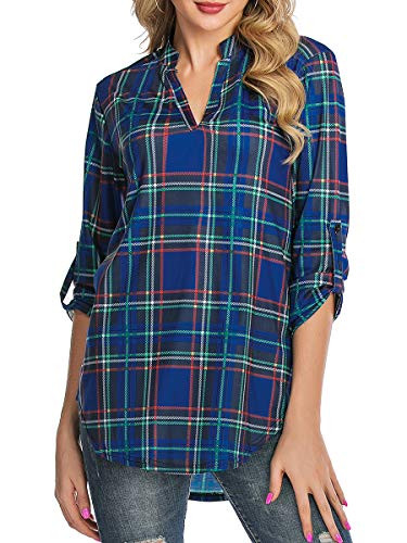 St Jubileens Women RollUp 34 Sleeve Plaid Shirt Tunic V Neck Casual Pullover Blouses Tops L Navy Blue