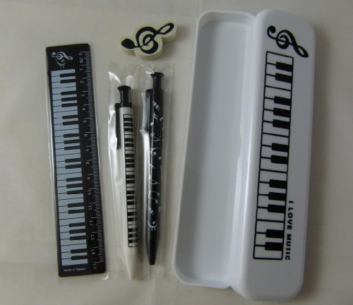 Music Themed White Pencil Case Stationery Set - Mechanical Pencil, Mechanical Pen, 15cm Ruler and Eraser