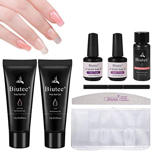 Biutee Poly Nail Extension Gel Kit 15ml Pink Clear Colors Poly Builder Gel with 30ml Slip Solution Nail Enhancement Poly Gel Nail Kit All in One French Kit