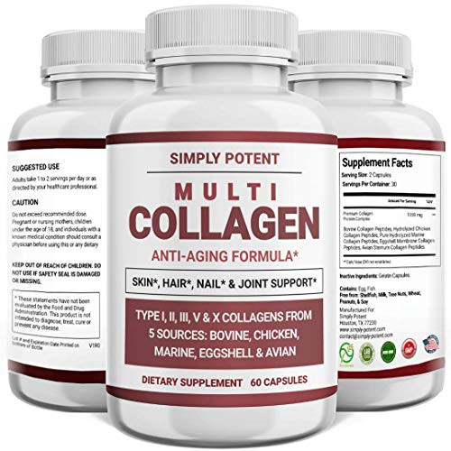 Simply Potent Multi Collagen Peptides Powder Pills Hydrolyzed Collagen Protein Supplement with 5 Collagen Types I II III V and X for Skin Hair Nail  Joint Support 60 Capsules