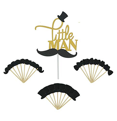 Topfun Gold Glitter Little Man Cake Topper Mini Hat Mustache Bowtie Cupcake Toppers Food Picks for Baby Shower Birthday Party Decorations 25 Counts Gold Glitter