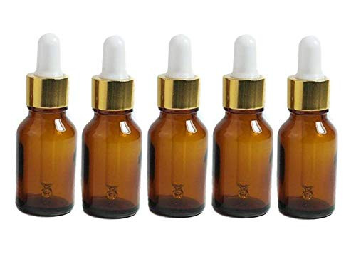 6PCS 15ml05oz Amber Glass Bottles With Glass Eye Droppers Empty Refillable Essential Oil Perfume Aromatherapy Vial Pot Liquid Containers Jars with White Ruuber Cap and Gold Circle