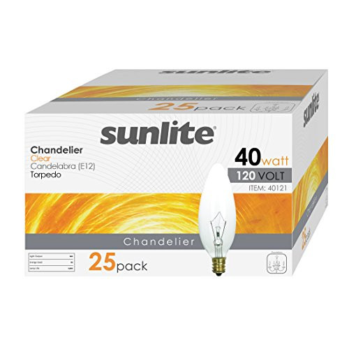 Sunlite K40CTC25PK 40W Incandescent Torpedo Tip Chandelier Crystal Clear Light Bulb with Candelabra E12 Base 25 Pack