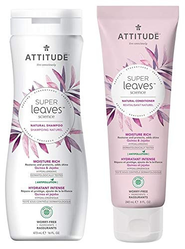 ATTITUDE Super Leaves Moisture Rich Shampoo and Conditioner Bundle With Quinoa Vitamin B5 Jojoba Indian Cress Watercress and Jasmine 16 fl oz and 8 fl oz