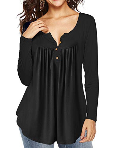AMCLOS Womens Solid Tops V Neck TShirts Swing Ruffle Blouses Button up Tunic Casual Flowy Loose Long SleeveBlackM