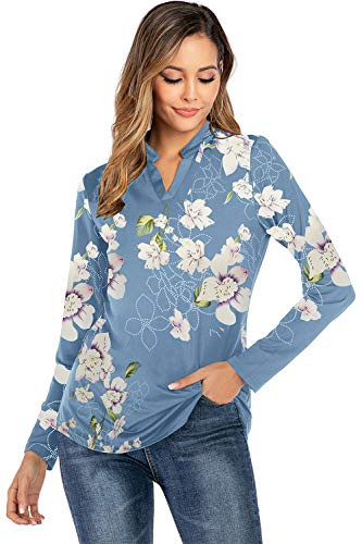 Beauhuty Floral Blouse Printed Tops Casual V Neck Tunic Womens Long Sleeve Shirts LongSpring Print BlueS