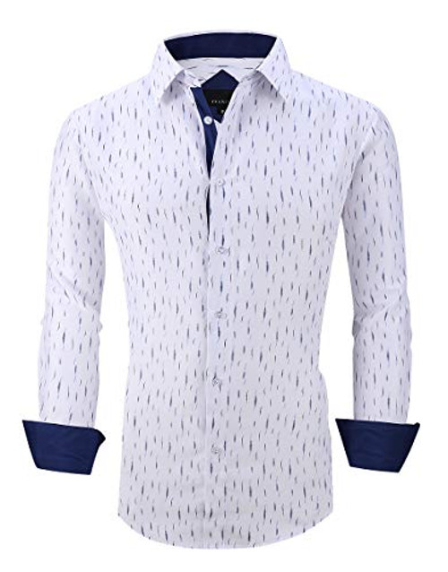 EsabelC Mens Dress Shirts Long Sleeve Regular Fit Print Casual Button Down Shirts White M
