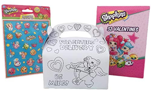 MFT Shopkins Valentines for 32 Students - Valentines Day Kids School Classroom Party Exchange Set - Includes: Cards, Stickers & Card Holder Mailbox Box