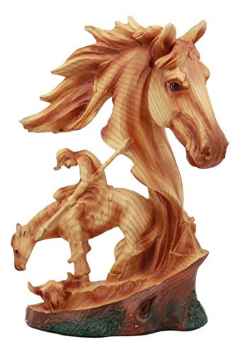 Ebros Faithful Steed End of The Trail Statue 9 Tall Horse Bust with Native Indian Warrior Resin Decor in Faux Wood Finish
