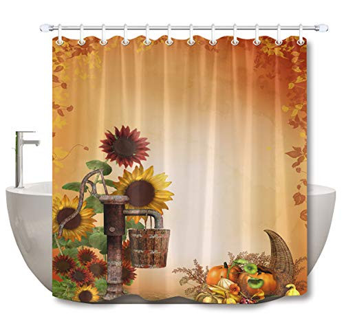 LB Rustic Sunflower Fall Thanksgiving Stall Shower Curtain Autumn Country Farm Pumpkin Background Harvest Bathroom Curtain Polyester Fabric Waterproof with Hooks70x70 Inch