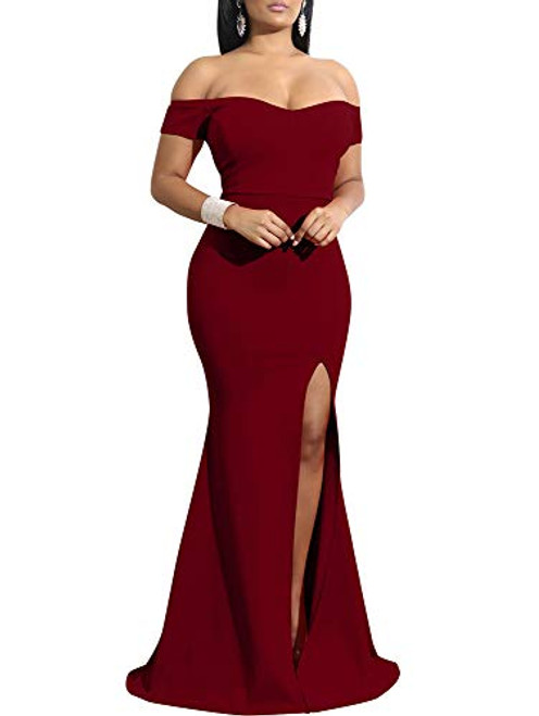 YMDUCH Womens Off Shoulder High Split Long Formal Party Dress Evening Gown WineRed YMDUCH Womens Off Shoulder High Split Long Formal Party Dress Evening Gown WineRed