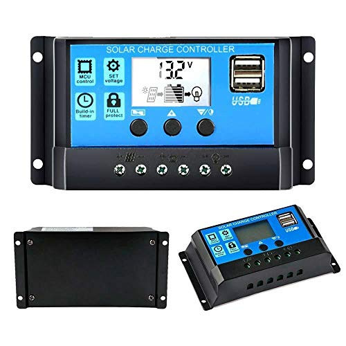 10A Solar Charge Controller 12V24V Auto Solar Panel Charge Controller 10Amp Solar Regulator with Dual USB LCD Adjustable Parameter Backlight LCD Display and Timer Setting ONOff Hours