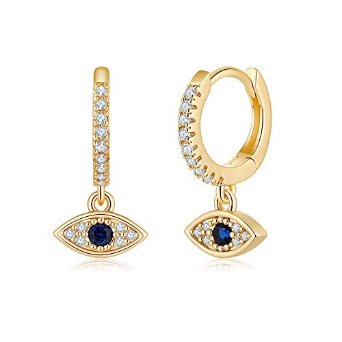 Blue Evil Eye Huggie Hoop Earrings S925 Sterling Silver Post 14K Gold Plated Small Minimalist Evil Eye Huggie Dangle Hoop Earrings Huggy Earrings for Women