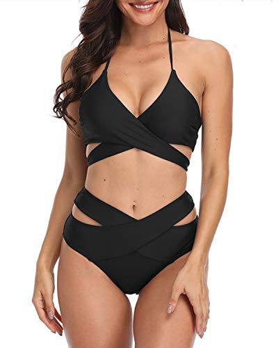 Temptme Women Bandage Bikini Set Halter Top Swimsuits Two Piece Criss Cross Bathing Suits Black