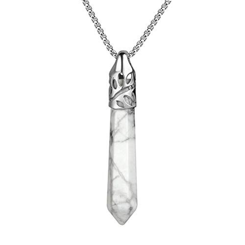 BEADNOVA Healing Crystal Necklace for Women Men White Howlite Pendant Energy Healing Gemstones Jewelry Pendulum Crystal Divination Hexagonal 18 Inches Stainless Steel Chain