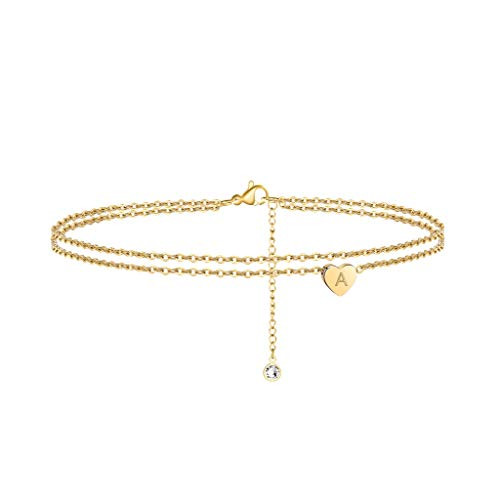Turandoss Heart Initial Anklet Bracelet for Women 14K Gold Filled Layered Ankle Bracelet Summer Boho Beach Minimalist Initial Anklet for Women Anklet with Initials A
