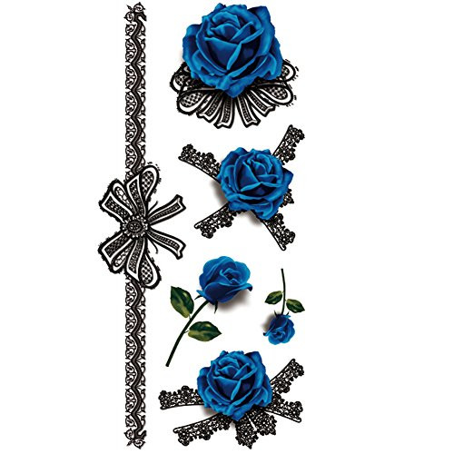 TAFLY 3D Fake Blue Roses Temporary Tattoos Body Art Stickers 5 Sheets