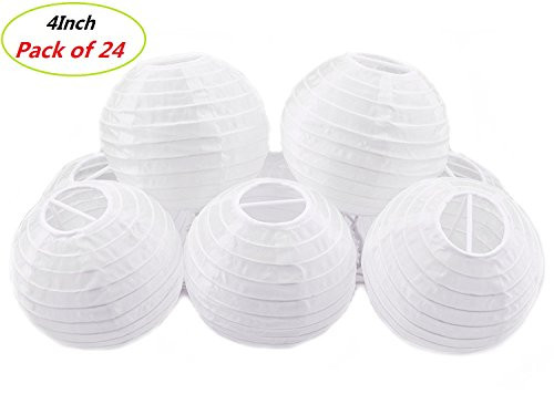 White Round Paper Lanterns, JRing 4" White Chinese Japanese Mini Paper Lanterns for Weddings, Parties & Home Decor (24Pack)