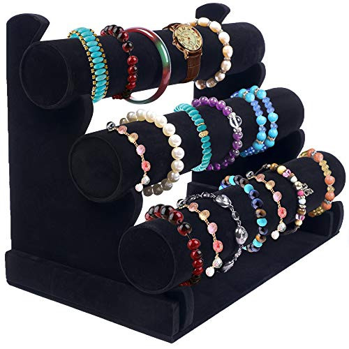 Bracelet Holder with Three Tier Rack ~ Velvet Bracelet Stand ~ Jewelry Organizer ~ Bangle Display ~ Jewelry Organizer for Wrist Watch Bangles and Bracelet Black  3 Tier Stand