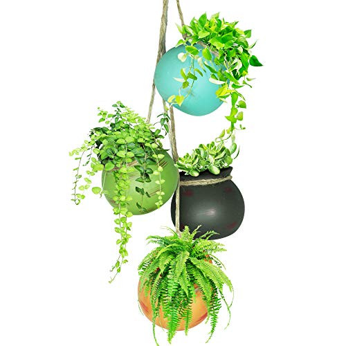 Hanging Flower Pots for Plants ~ Planter Pots for Outdoor  Indoor ~ MultiColor Hanging Ceramic Pots for Plants with Jute Rope Bohemian 4 Pack