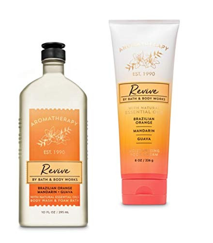 Bath and Body Works Aromatherapy Revive Body Cream and Foam Bath Brazilian Orange Mandarin Guava Full Size Set Duo