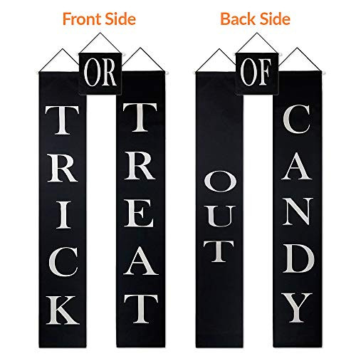 Trick Or Treat Banner  Reads Trick Or Treat On Front  Out of Candy On Back  Reversible Sign for Halloween Door Decorations