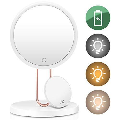 Rechargeable 8 inch Lighted Vanity Makeup Mirror with 72 led lights 7X Magnification 3 Color Lighting Modes Cosmetic Mirror High Definition Portable Desk Beauty Mirror for Countertop Home Travel