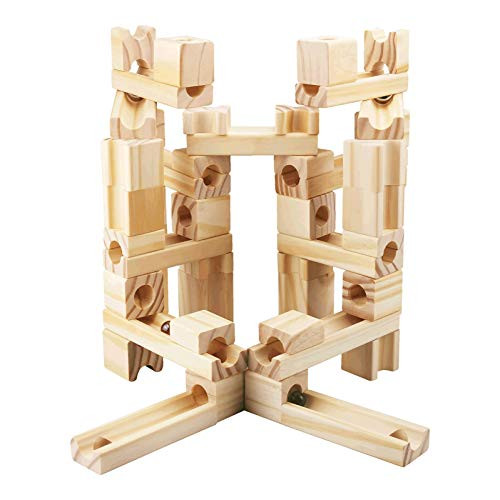Onshine Wooden Marbles Run Block Toy Solid Wood Building Blocks Set Early Learning Construction Game for Kids 60pc Set