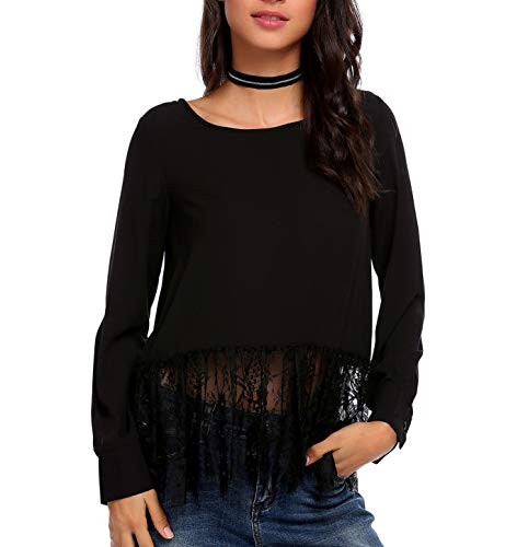 Women Casual Long Sleeve ONeck Lace Patchwork Hem ALine Tunic Loose Blouse Tops