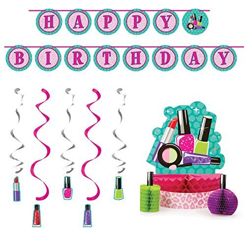 Sparkle Spa Party Supplies Decorations Bundle: Centerpiece, Ribbon Banner, and Dizzy Danglers