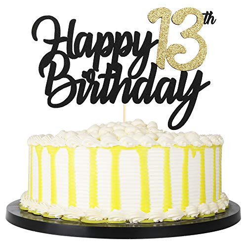 PALASASA Black Gold Glitter Happy Birthday cake topper  13 AnniversaryBirthday Cake Topper Party Decoration 13th