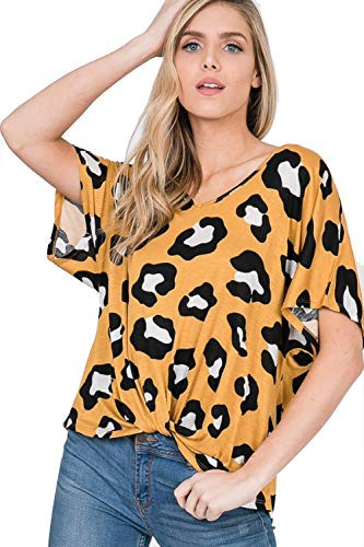 Upsoelle Casual Cute Leopard Print VNeck Top Short Sleeve Soft Blouse Made in USA LMustard
