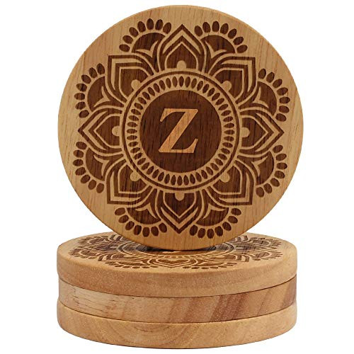 Coasters 26 letters To Choose From Round Coaster Set of 4 Engraved Oak Wood Coasters Drink Coasters Best Housewarming Gifts Monogrammed Coasters Initial Z