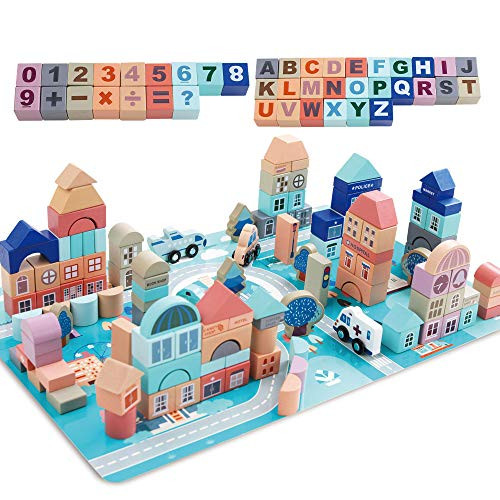 Mochoog Wooden Building Blocks Set 133 Pieces Educational Construction ABC123 Blocks for Toddlers Cognition and Creativity City Building Blocks Stacking Preschool Toys for Kids with Play Mat Puzzle