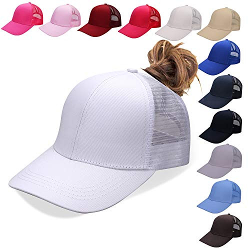 NeuFashion Ponycap Messy High Bun Ponytail Adjustable Mesh Trucker Baseball Cap Hat White One Size