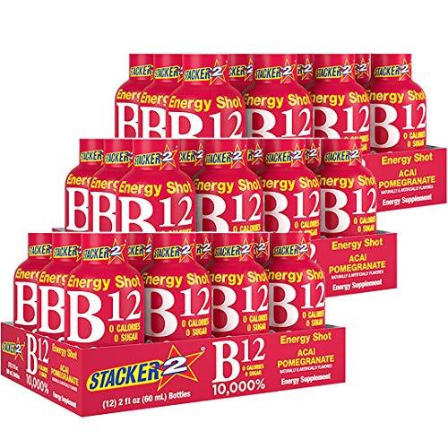 Stacker 2 Vitamin B Complex B12 B6 B3 Liquid Energy Shots  Acai  Pomegranate  Cyanocobalamin 10000 DRV  B6 Pyridoxine 40mg  B3 Niacinamide Niacin 20mg  BASED BOX Bundle 2oz Pack of 36