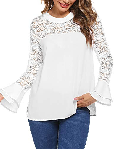 SoTeer Womens Casual Round Neck Lace Sleeves Solid Chiffon Blouse Top White XXL