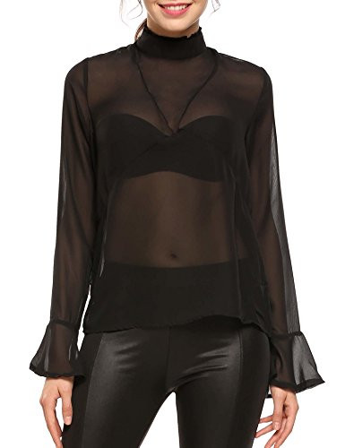 Mofavor Women Mesh Sheer See Through Long Sleeve Turtleneck Blouse Clubwear Chiffon Shirts Black XL