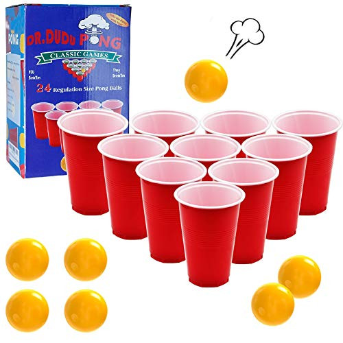 Beer Pong Game Set with 24 Red Cups & Yellow  Pong Balls for Party Game 