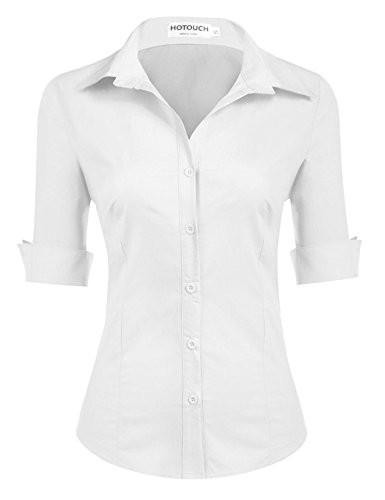 Hotouch Womens Roll Up 34 Sleeve Button Down Shirt with Stretch White L