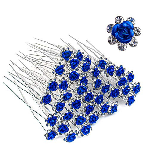 AUEAR 40 Pack Blue Rhinestone Hair Pins Crystal Rose Flower Rhinestone Hair Clips for Bridal Wedding Women Hair Jewelry Accessories