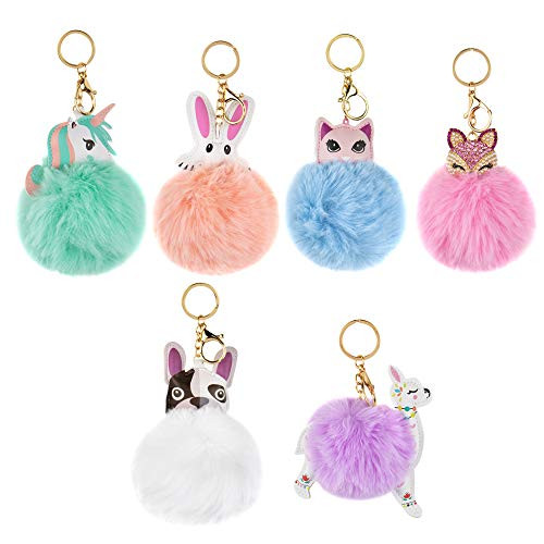 AUEAR 6 Pack Cute Animal Pom Pom Keychain Unicorn Rabbit Fox Keychains Ball Faux Fur Fluffy Key Ring for Women Girls Bag Purse Accessories