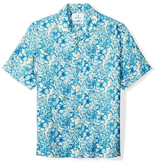 Amazon Brand  28 Palms Mens RelaxedFit SilkLinen Tropical Hawaiian Shirt WhiteBlue Hibiscus Leaf Floral Large