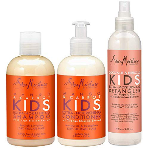 Shea Moisture Kids Hair Care Combination Pack  Includes Mango  Carrot 8oz KIDS ExtraNourishing Shampoo 8oz KIDS ExtraNourishing Conditioner and 8oz Coconut  Hibiscus KIDS Detangler